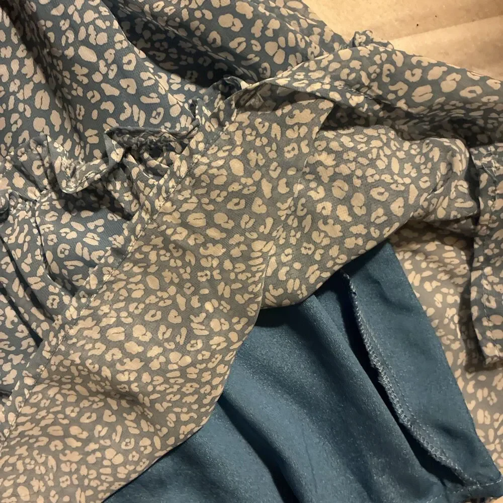 Pinch Women’s Blue Floral Leaf Print Tiered Midi Dress Ruffle Lined Size Medium